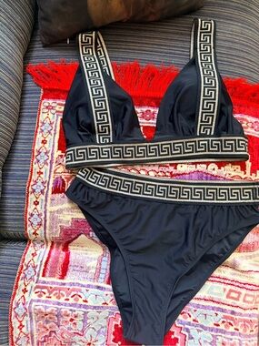 Black High-Waist Bikini with Greek Key Trim
